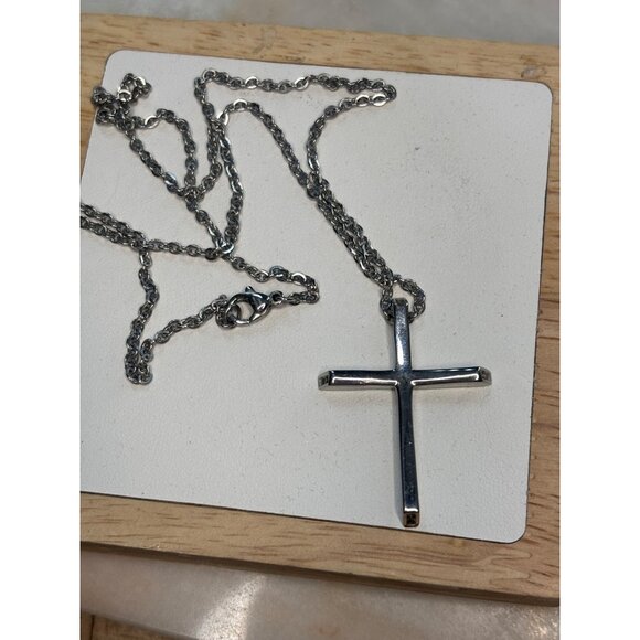 Stamped Chisel Sterling Silver Cross Pendant Necklace - Picture 6 of 12